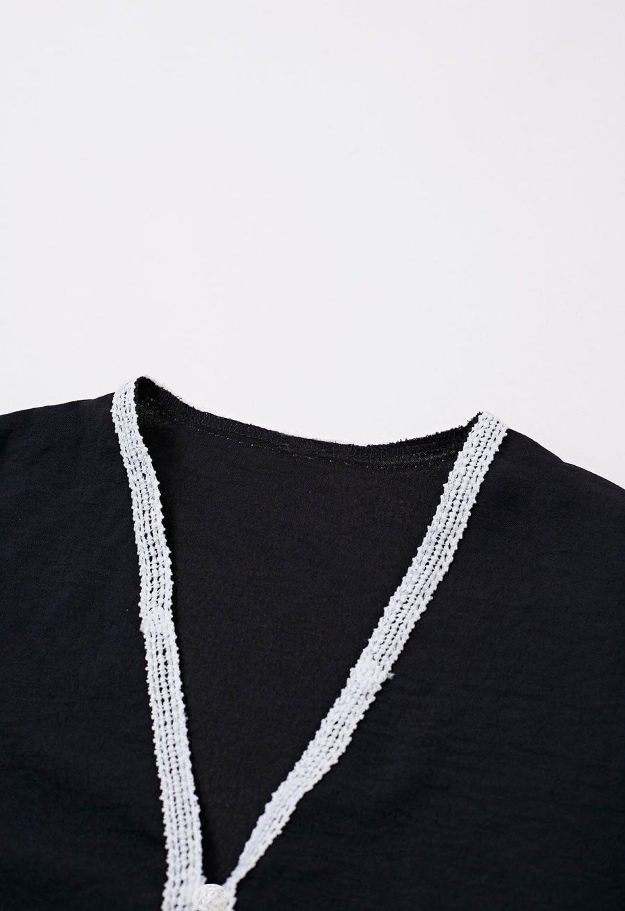 Tapework Lace Buttoned Sleeveless Top and Pants Set in Black