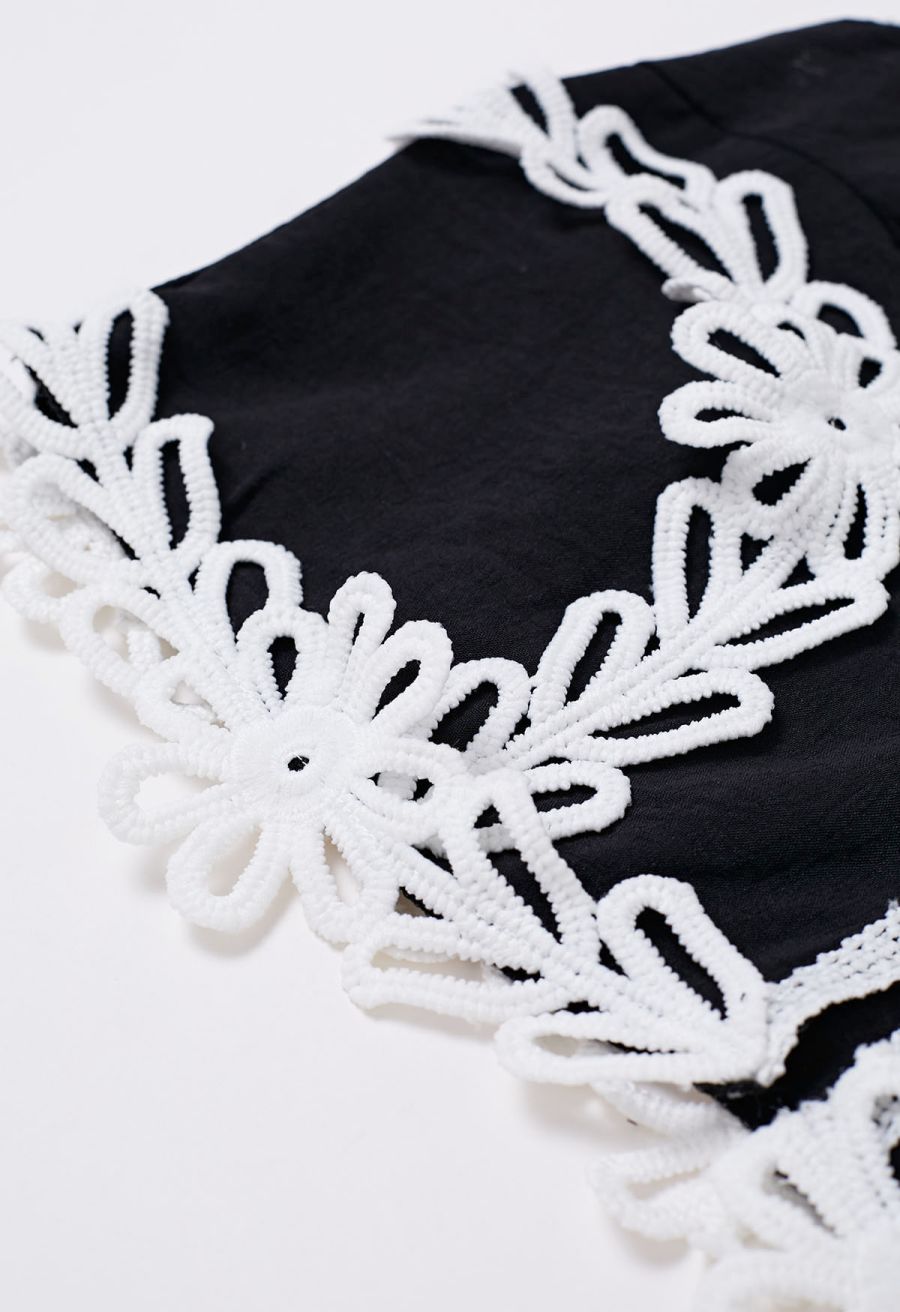 Tapework Lace Buttoned Sleeveless Top and Pants Set in Black