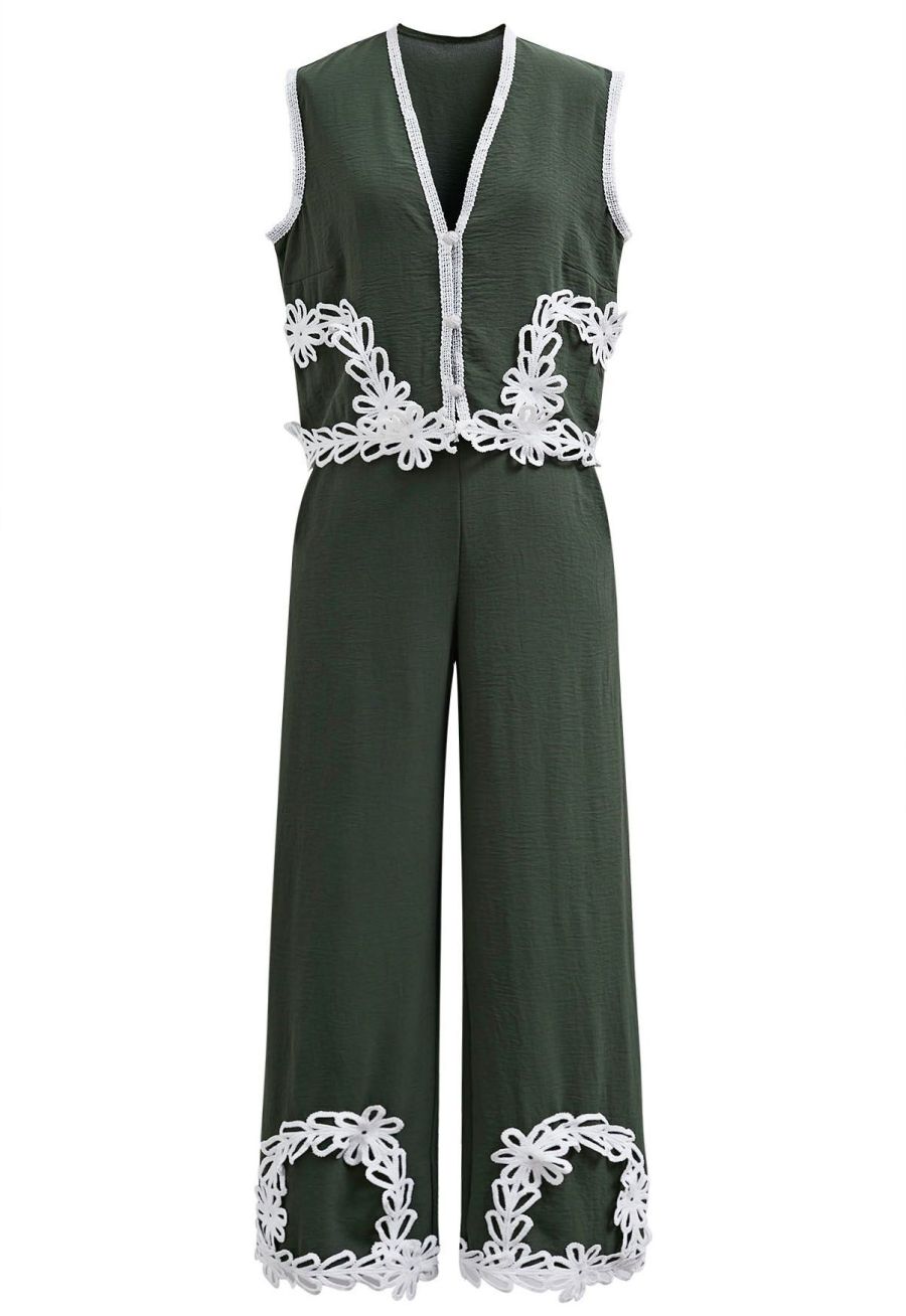 Tapework Lace Buttoned Sleeveless Top and Pants Set in Army Green