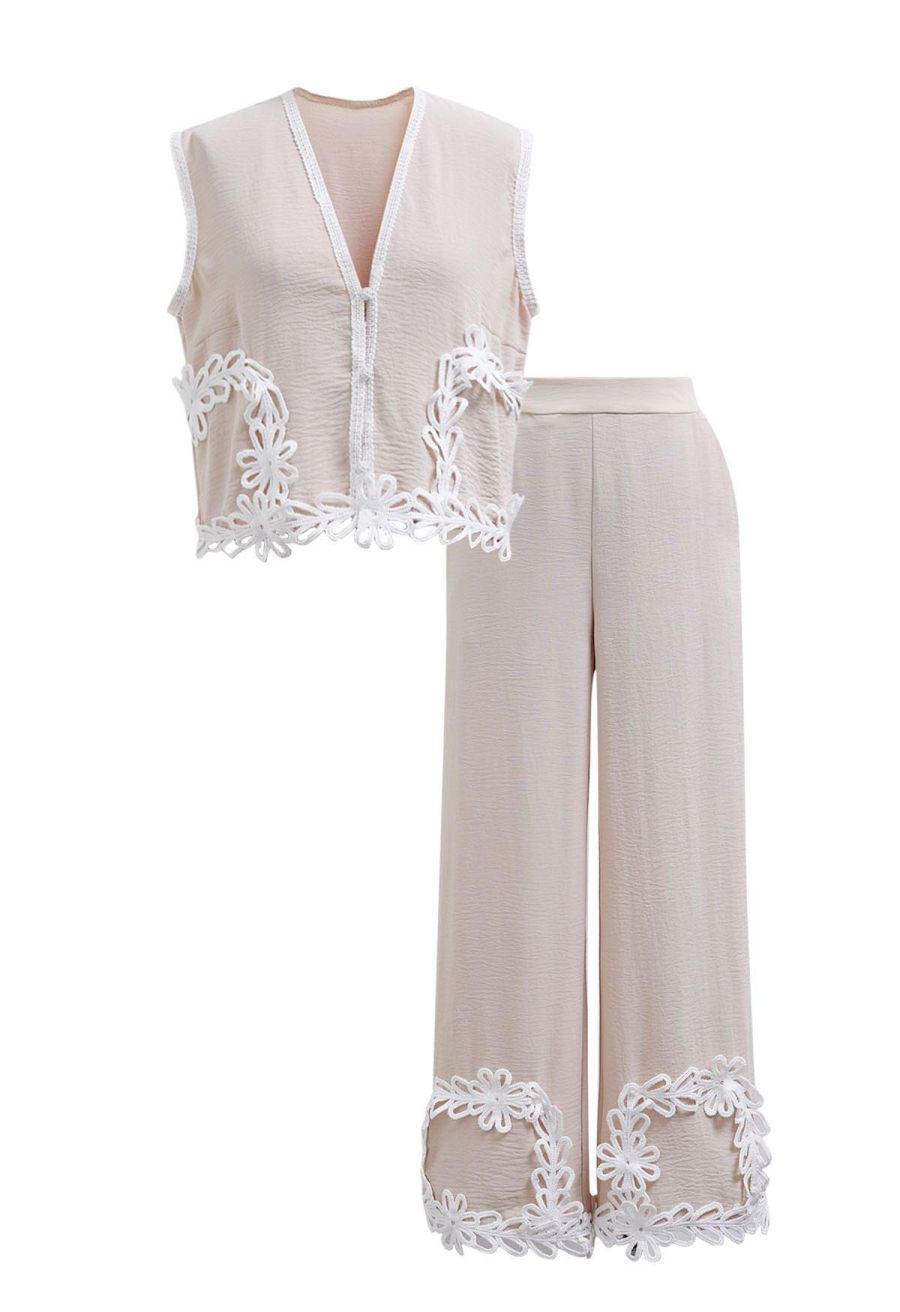 Tapework Lace Buttoned Sleeveless Top and Pants Set in Linen