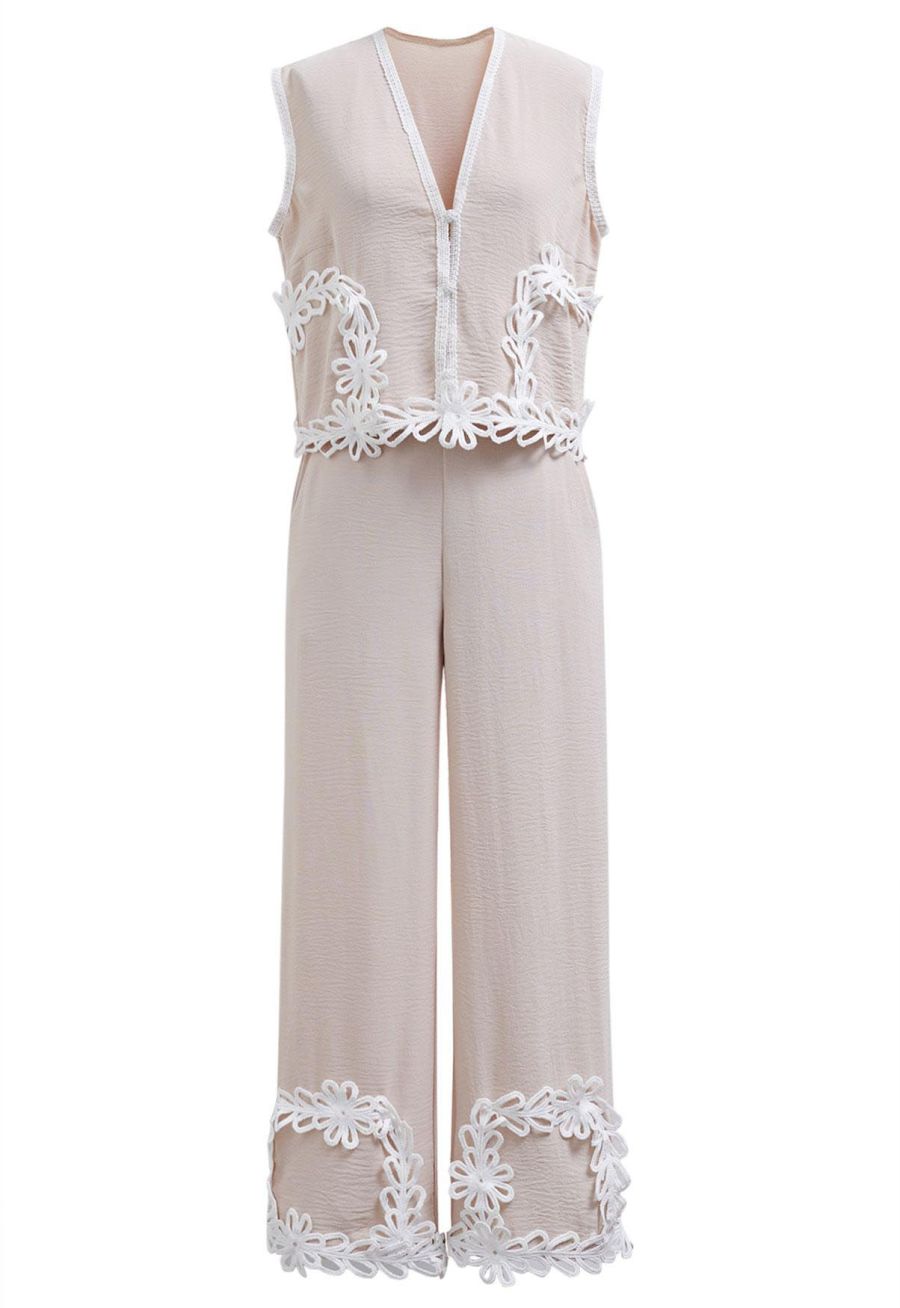 Tapework Lace Buttoned Sleeveless Top and Pants Set in Linen