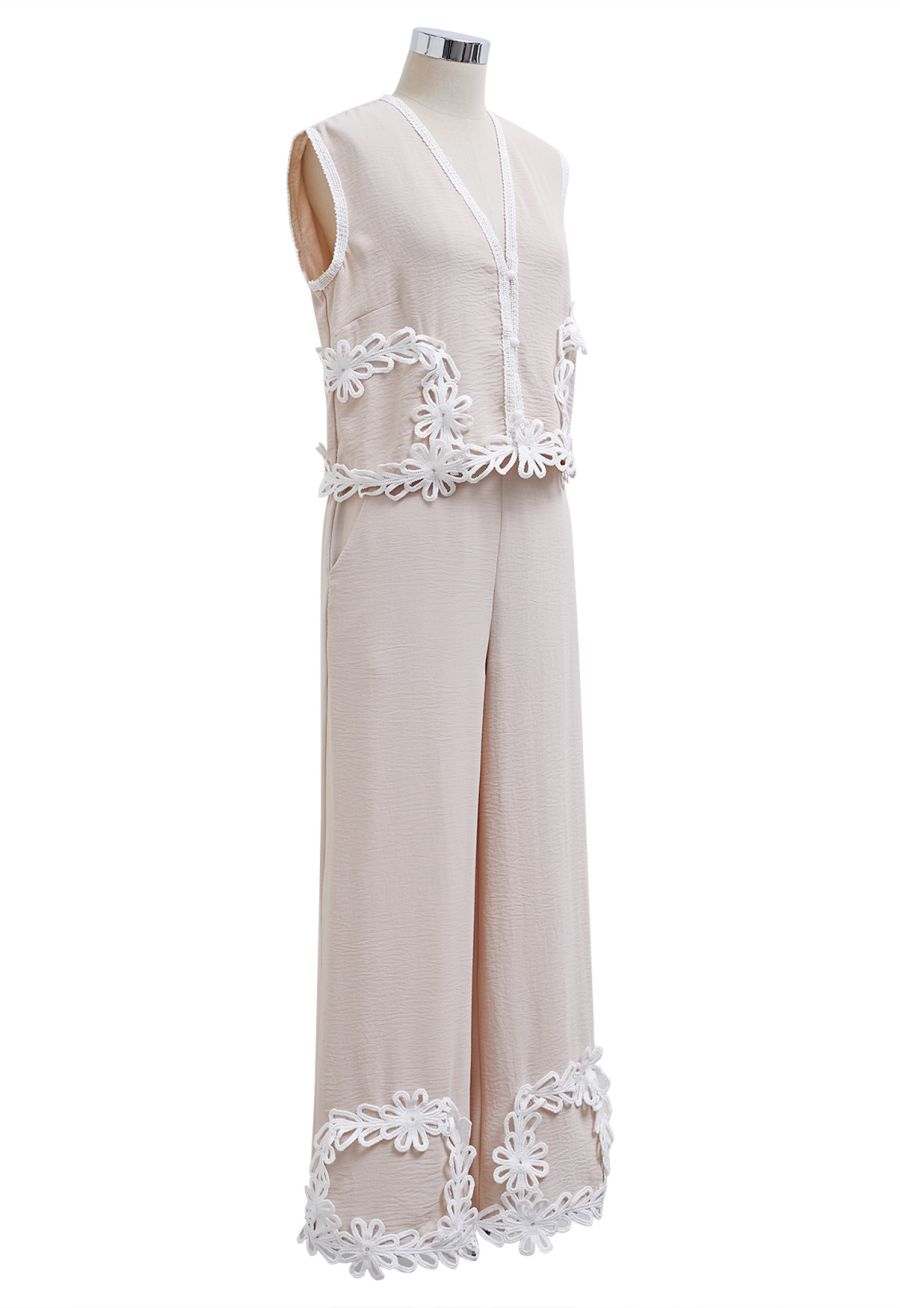 Tapework Lace Buttoned Sleeveless Top and Pants Set in Linen