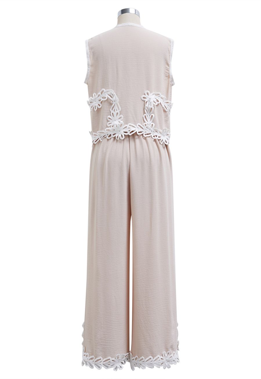 Tapework Lace Buttoned Sleeveless Top and Pants Set in Linen