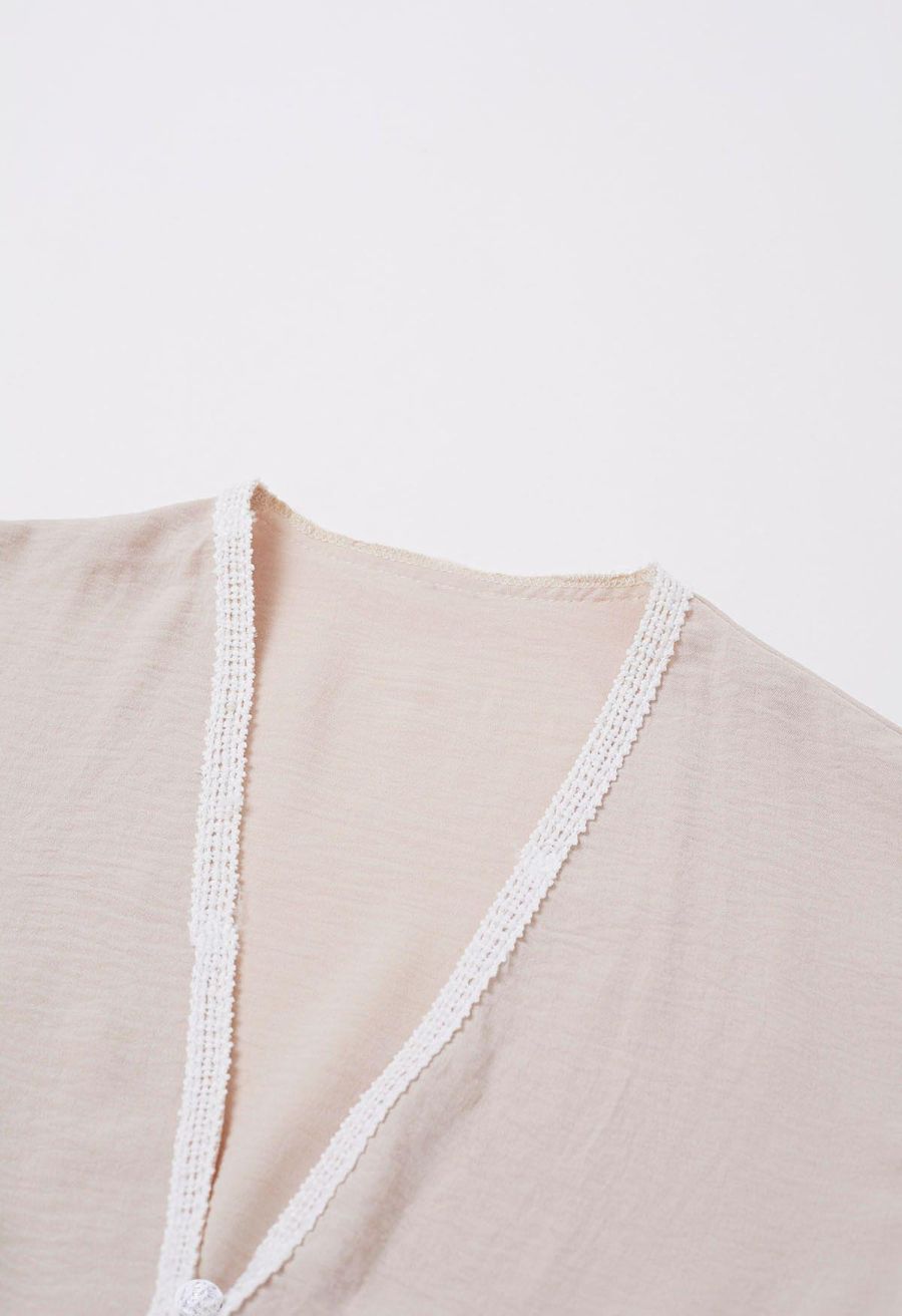 Tapework Lace Buttoned Sleeveless Top and Pants Set in Linen
