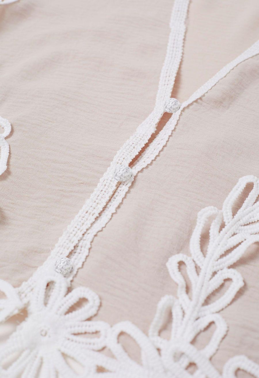 Tapework Lace Buttoned Sleeveless Top and Pants Set in Linen