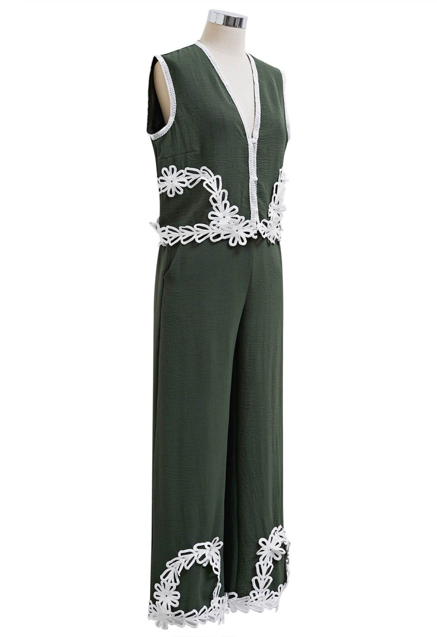 Tapework Lace Buttoned Sleeveless Top and Pants Set in Army Green