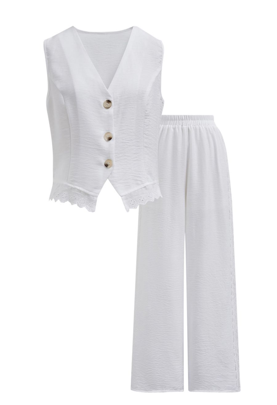 Lace Trim Buttoned Vest and Pants Set in White