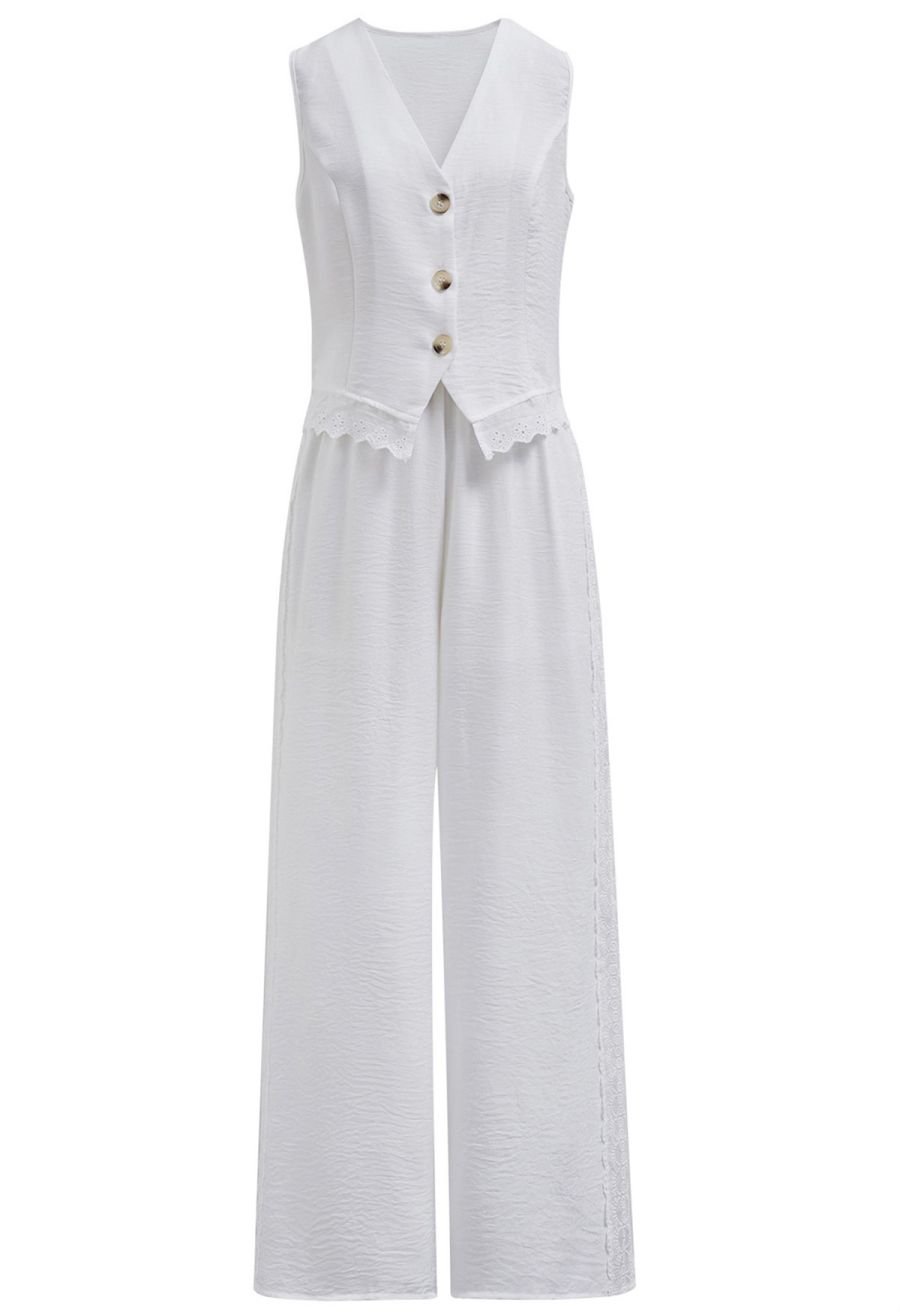 Lace Trim Buttoned Vest and Pants Set in White