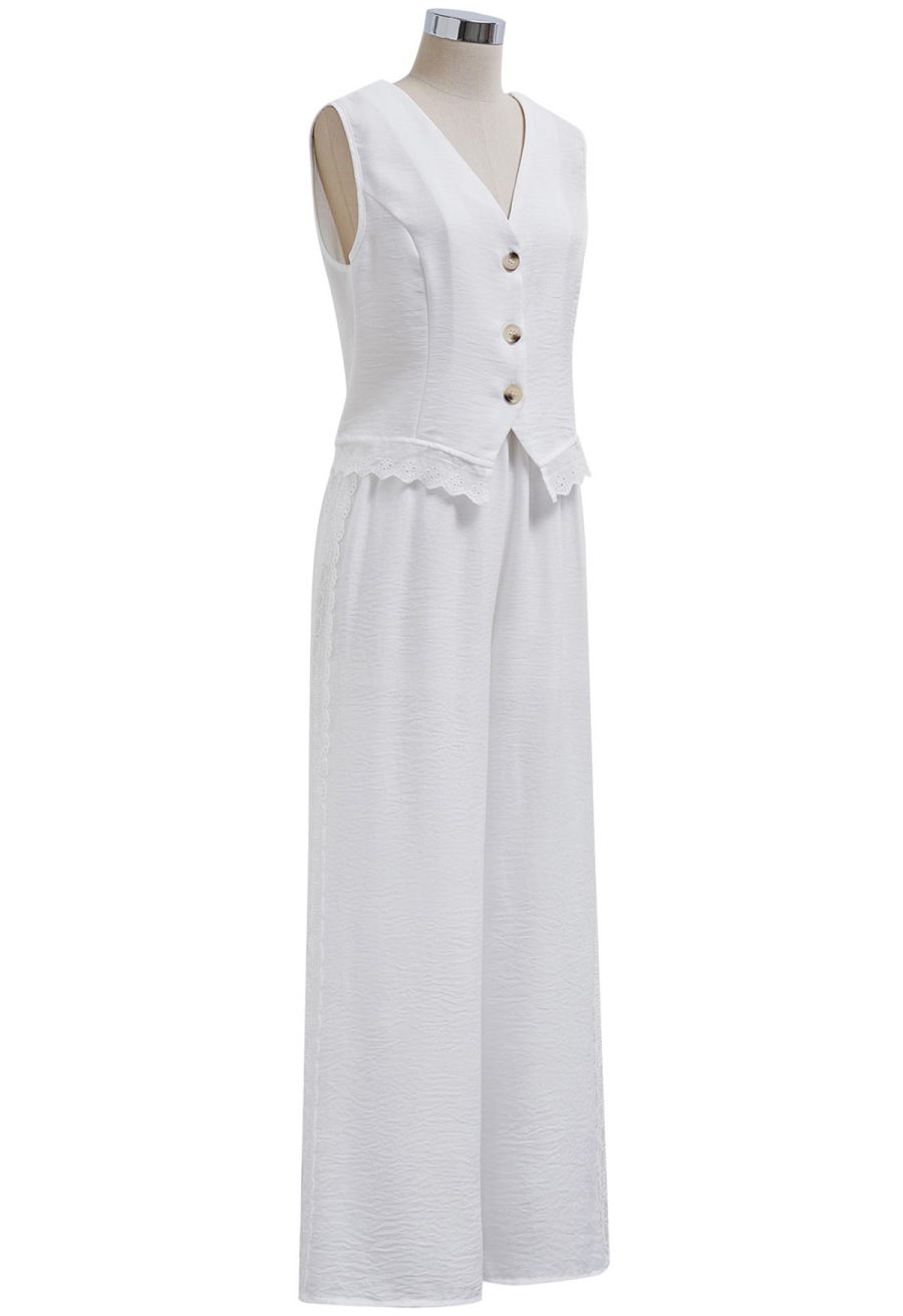 Lace Trim Buttoned Vest and Pants Set in White