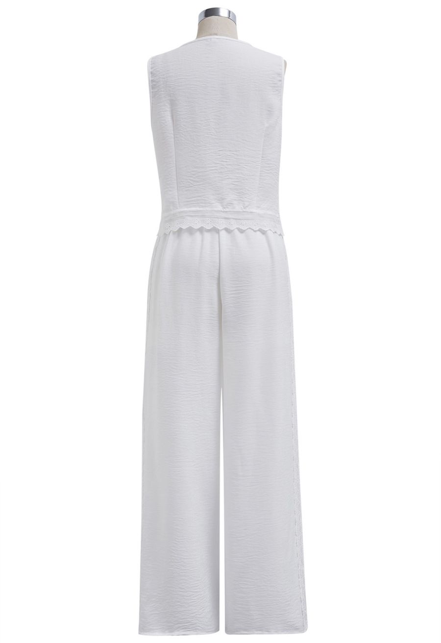 Lace Trim Buttoned Vest and Pants Set in White