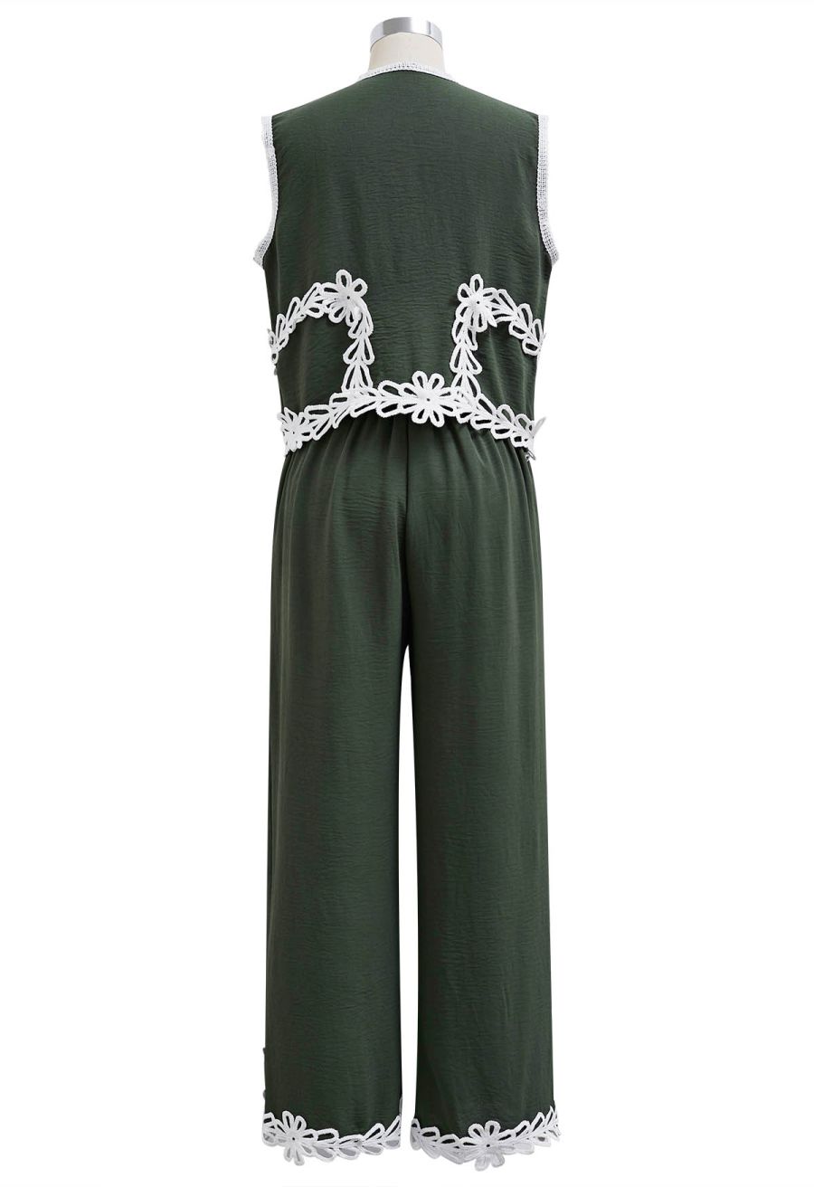 Tapework Lace Buttoned Sleeveless Top and Pants Set in Army Green