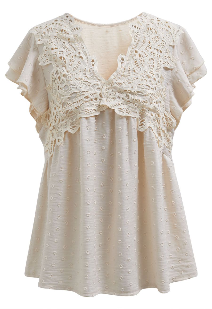 V-Neck Lace Cutwork Flock Dot Dolly Top in Cream