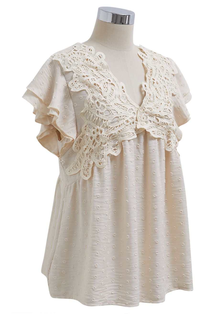 V-Neck Lace Cutwork Flock Dot Dolly Top in Cream
