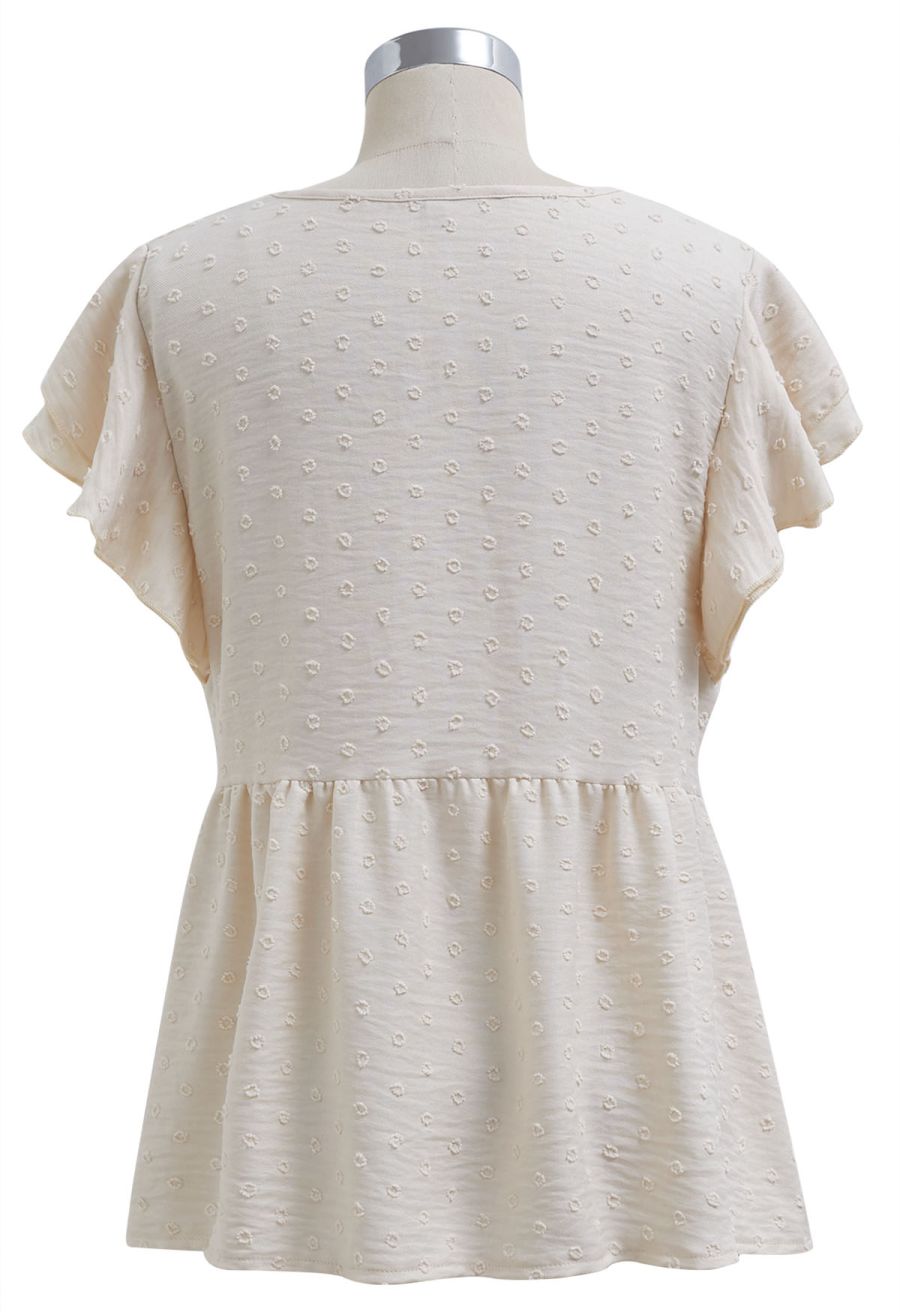 V-Neck Lace Cutwork Flock Dot Dolly Top in Cream