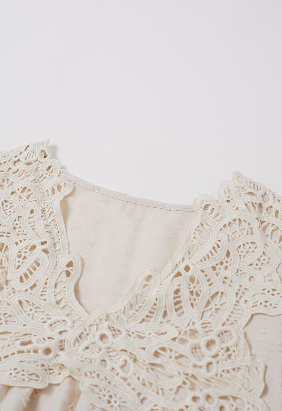 V-Neck Lace Cutwork Flock Dot Dolly Top in Cream