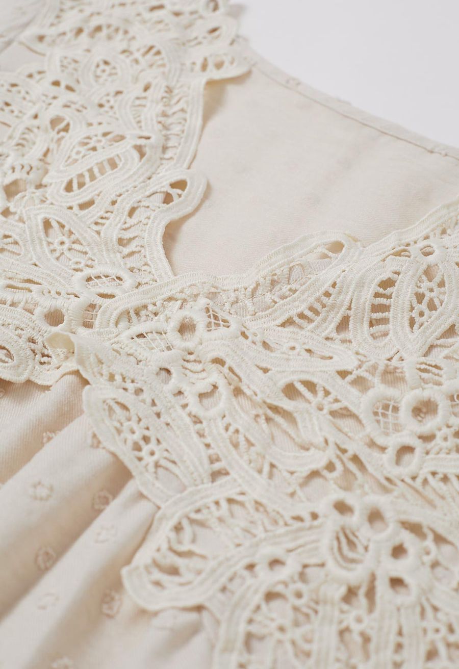V-Neck Lace Cutwork Flock Dot Dolly Top in Cream