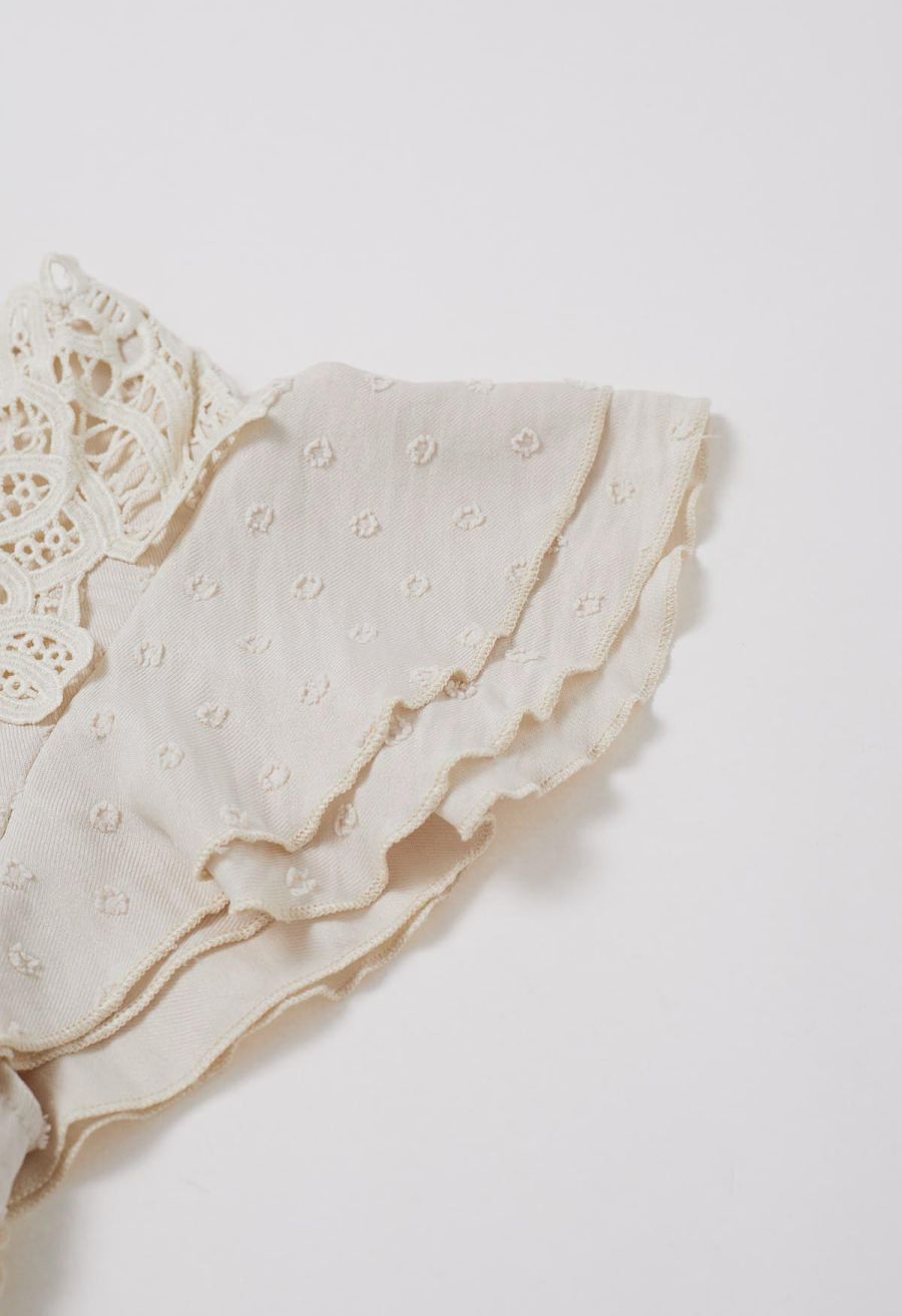 V-Neck Lace Cutwork Flock Dot Dolly Top in Cream