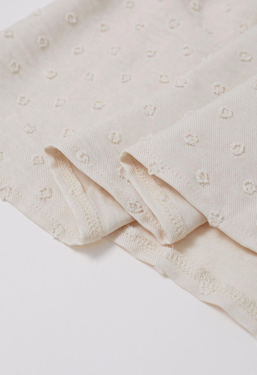 V-Neck Lace Cutwork Flock Dot Dolly Top in Cream