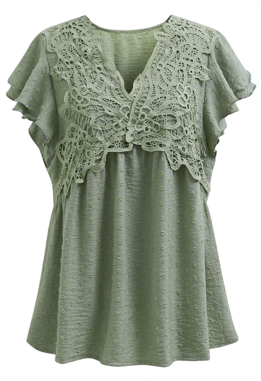 V-Neck Lace Cutwork Flock Dot Dolly Top in Army Green