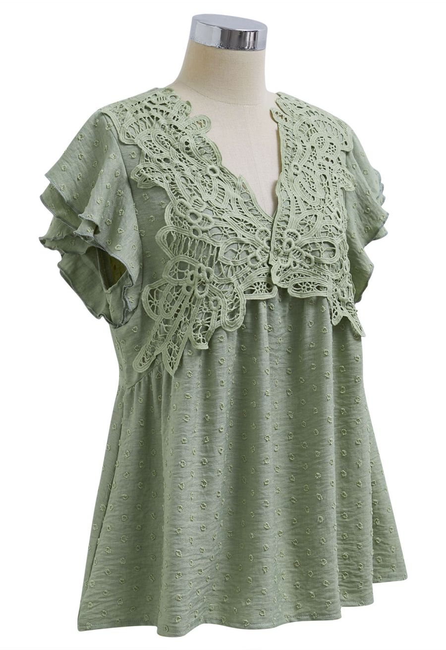 V-Neck Lace Cutwork Flock Dot Dolly Top in Army Green