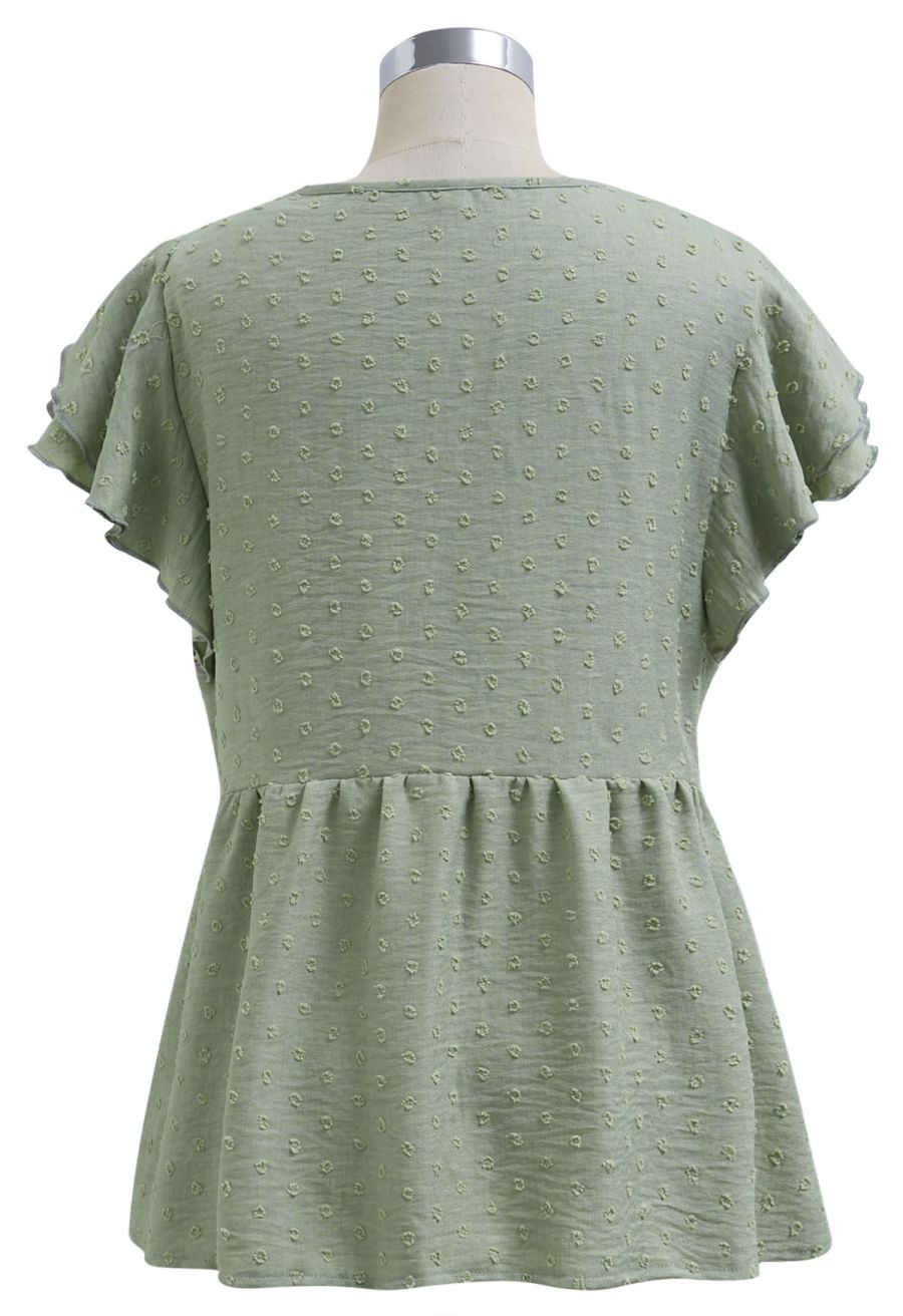V-Neck Lace Cutwork Flock Dot Dolly Top in Army Green