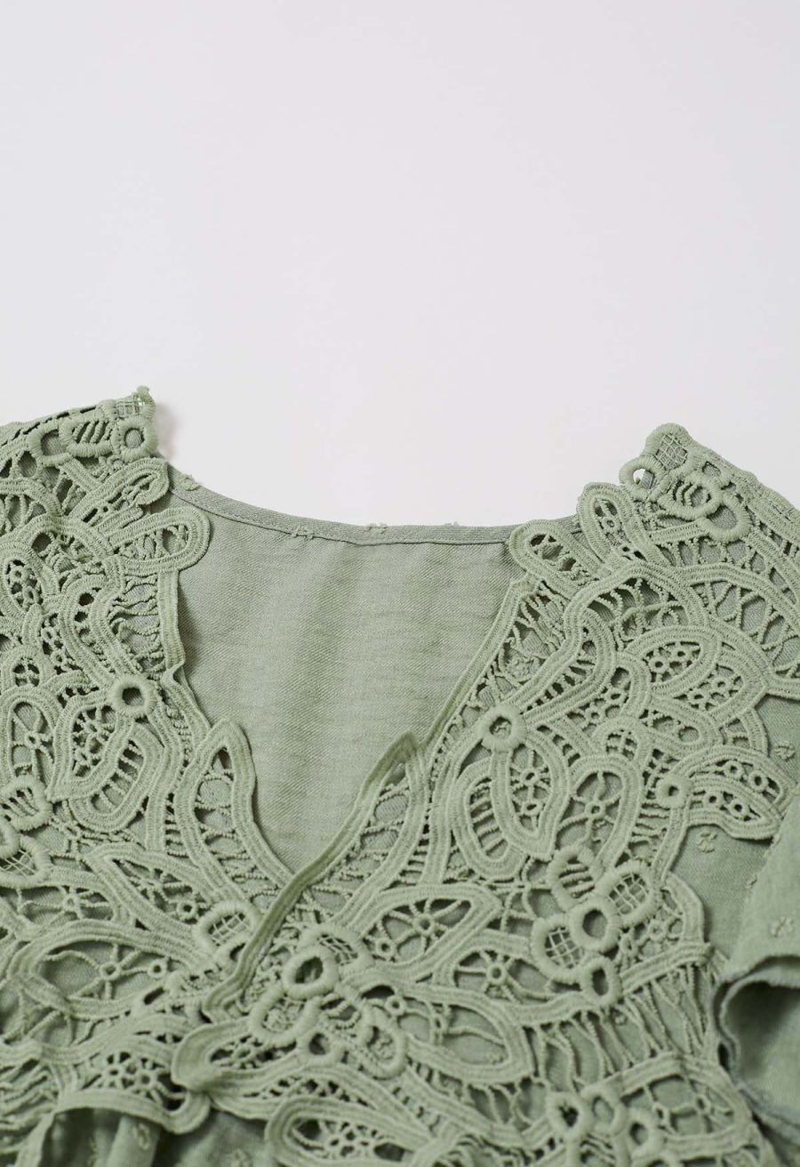 V-Neck Lace Cutwork Flock Dot Dolly Top in Army Green