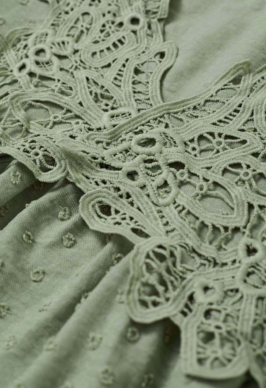 V-Neck Lace Cutwork Flock Dot Dolly Top in Army Green