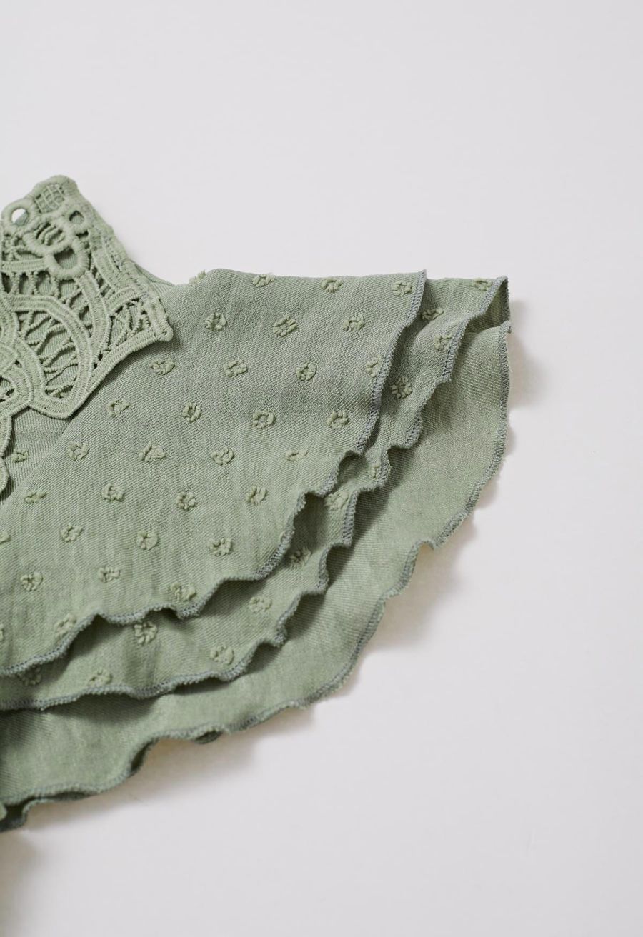 V-Neck Lace Cutwork Flock Dot Dolly Top in Army Green