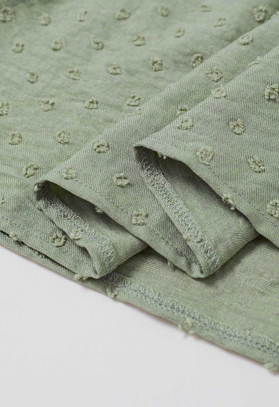 V-Neck Lace Cutwork Flock Dot Dolly Top in Army Green