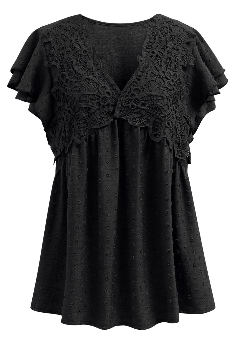 V-Neck Lace Cutwork Flock Dot Dolly Top in Black