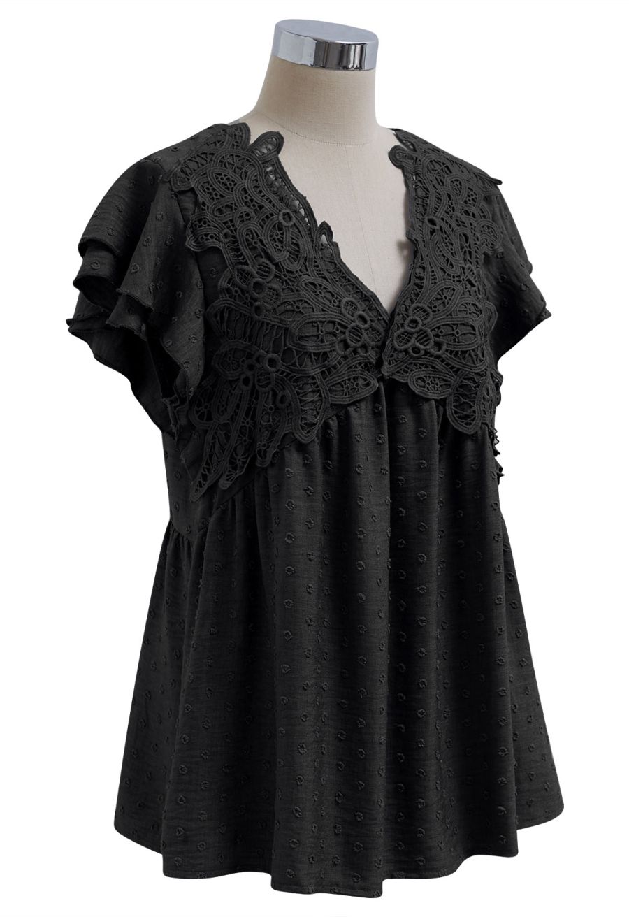V-Neck Lace Cutwork Flock Dot Dolly Top in Black
