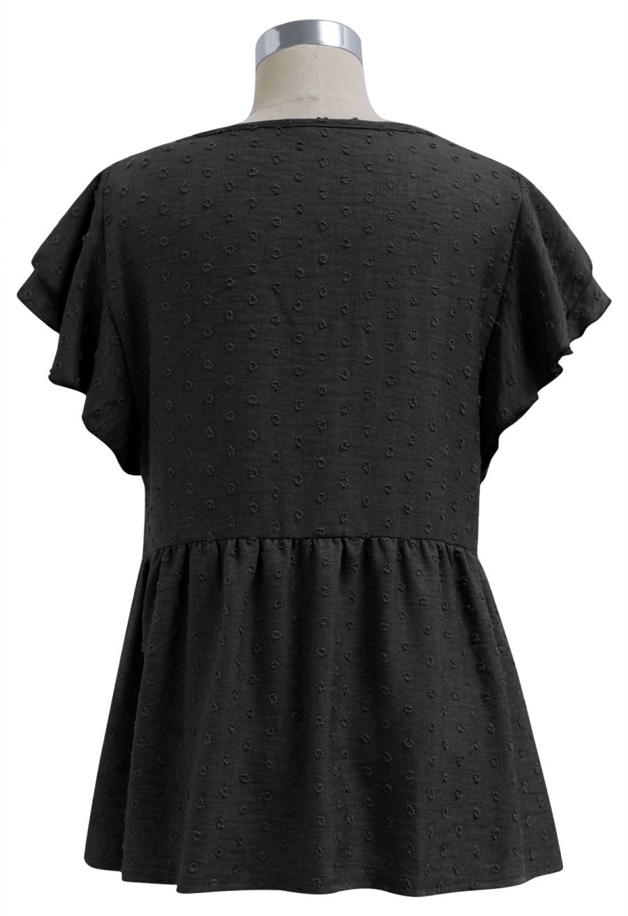 V-Neck Lace Cutwork Flock Dot Dolly Top in Black