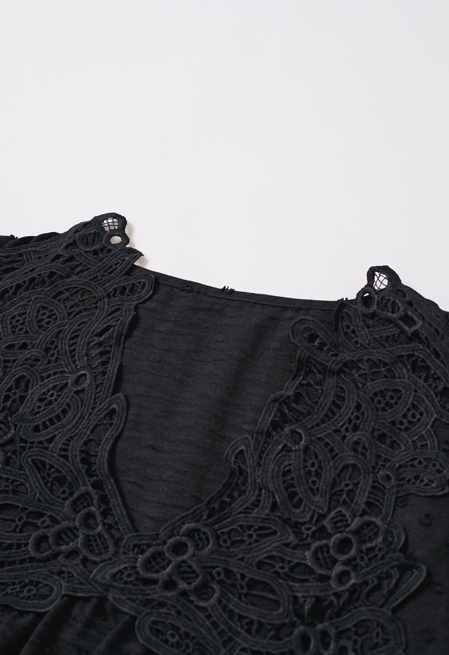 V-Neck Lace Cutwork Flock Dot Dolly Top in Black