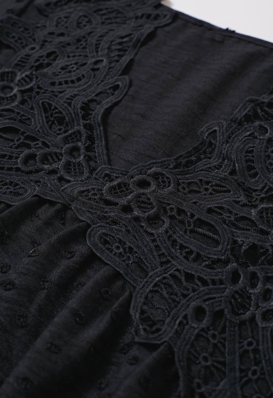 V-Neck Lace Cutwork Flock Dot Dolly Top in Black