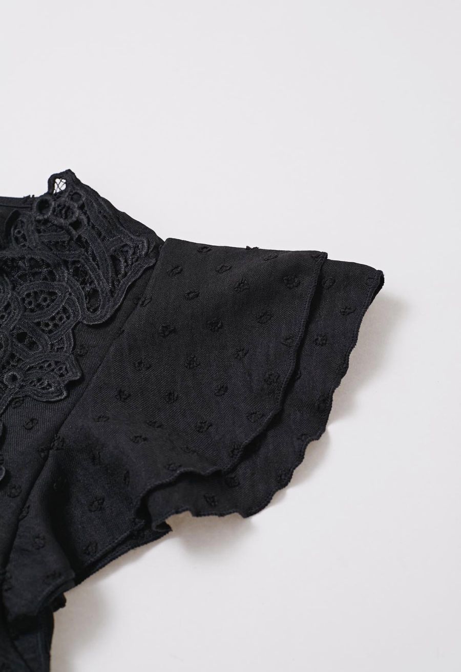 V-Neck Lace Cutwork Flock Dot Dolly Top in Black