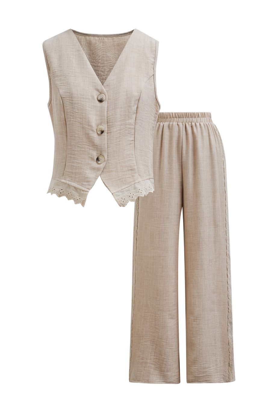 Lace Trim Buttoned Vest and Pants Set in Linen