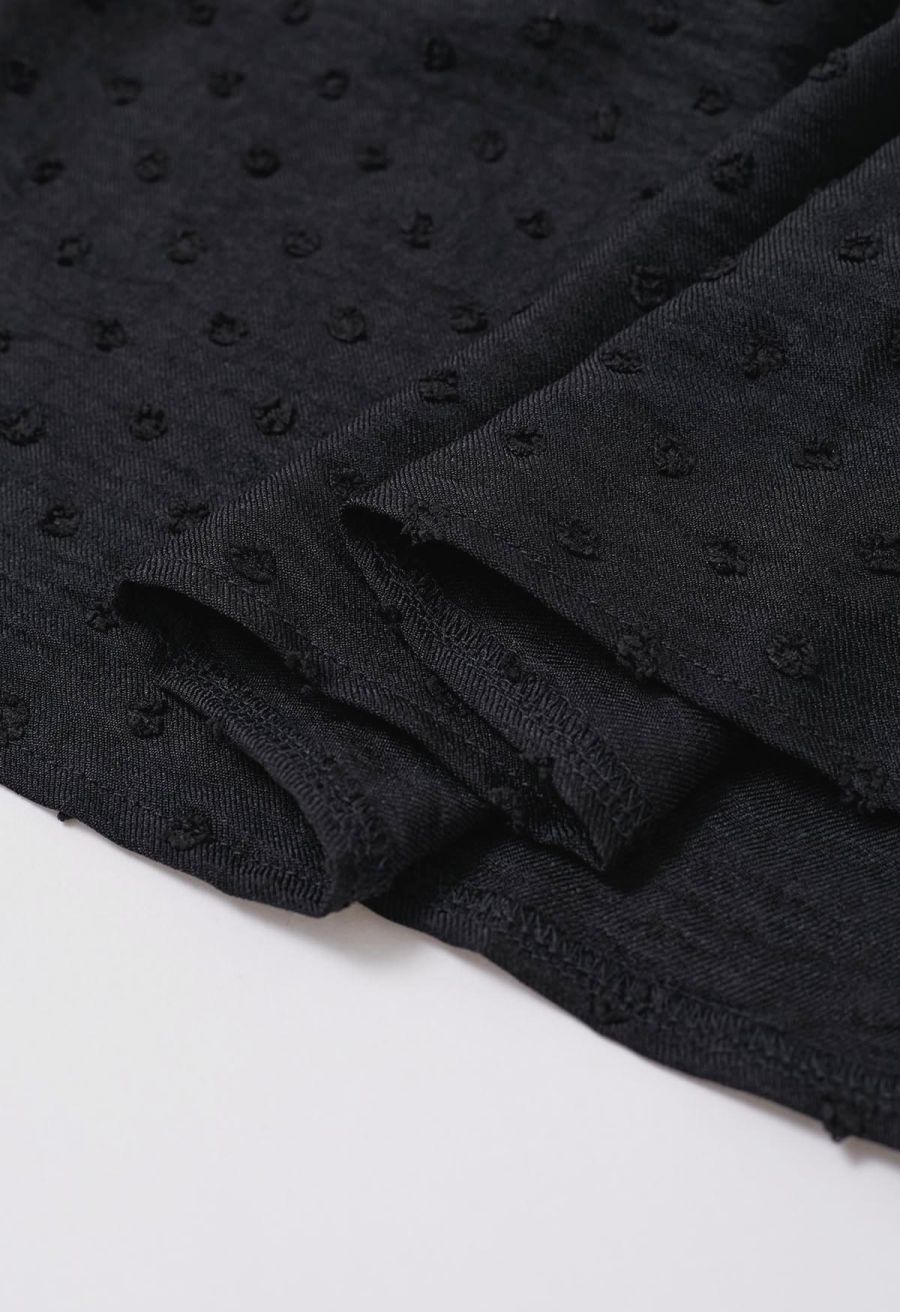 V-Neck Lace Cutwork Flock Dot Dolly Top in Black