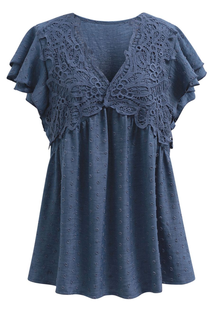 V-Neck Lace Cutwork Flock Dot Dolly Top in Navy