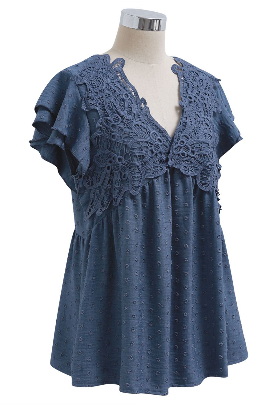 V-Neck Lace Cutwork Flock Dot Dolly Top in Navy