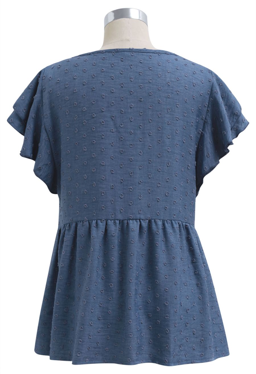 V-Neck Lace Cutwork Flock Dot Dolly Top in Navy