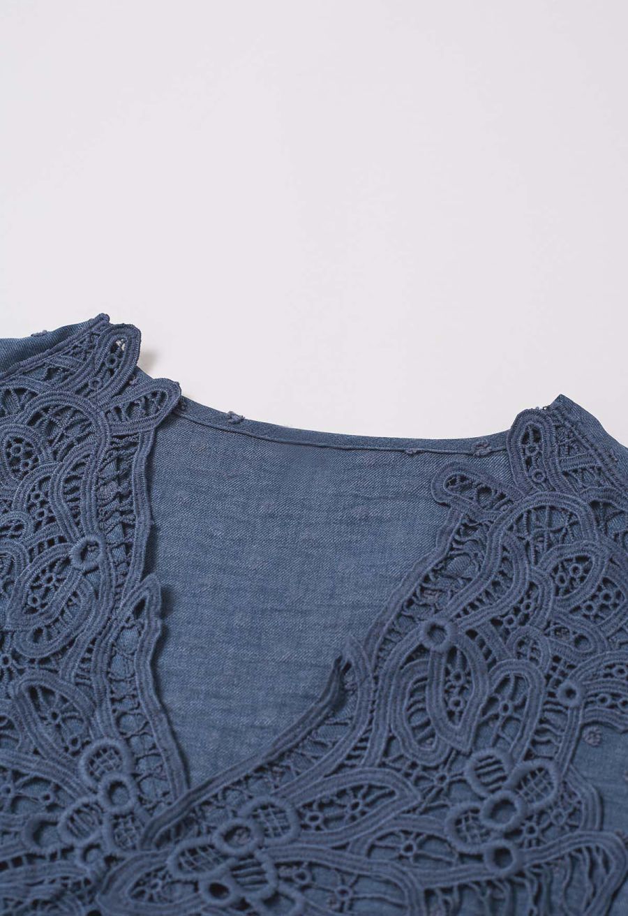 V-Neck Lace Cutwork Flock Dot Dolly Top in Navy