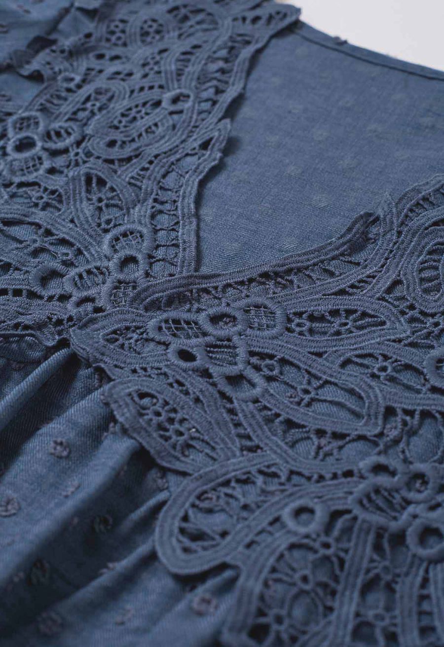 V-Neck Lace Cutwork Flock Dot Dolly Top in Navy