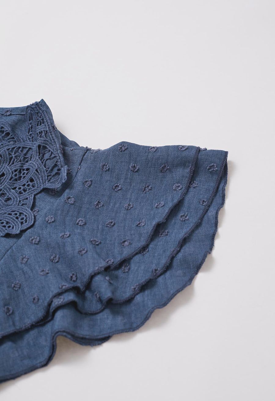 V-Neck Lace Cutwork Flock Dot Dolly Top in Navy