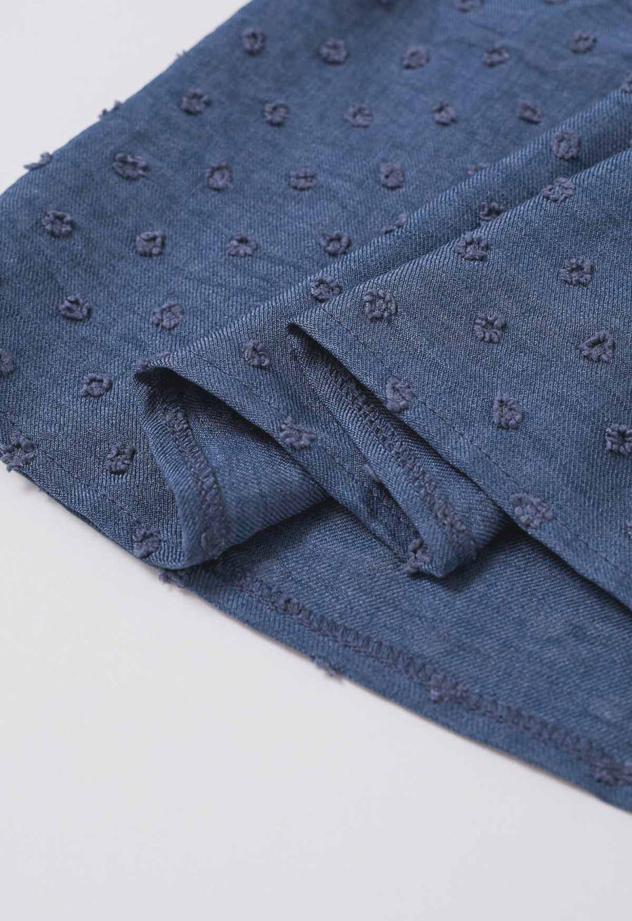 V-Neck Lace Cutwork Flock Dot Dolly Top in Navy
