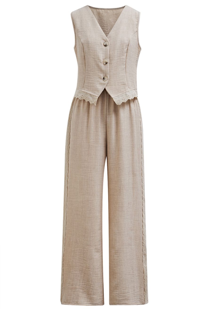 Lace Trim Buttoned Vest and Pants Set in Linen