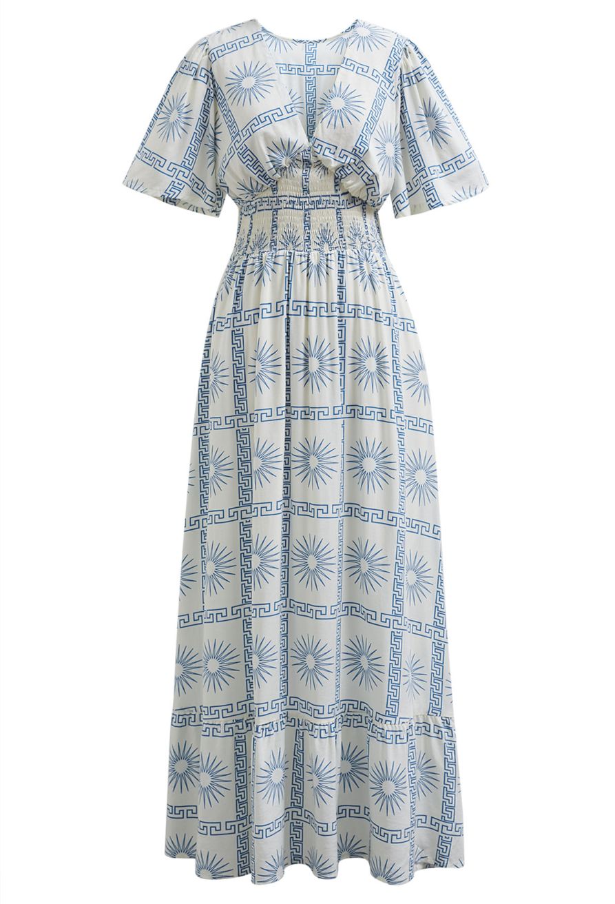 Sun Grid Printed V-Neck Shirred Maxi Dress