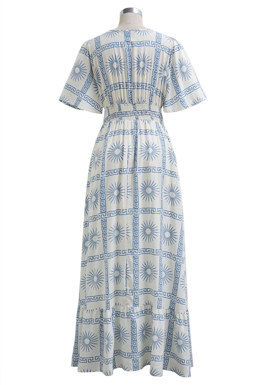 Sun Grid Printed V-Neck Shirred Maxi Dress