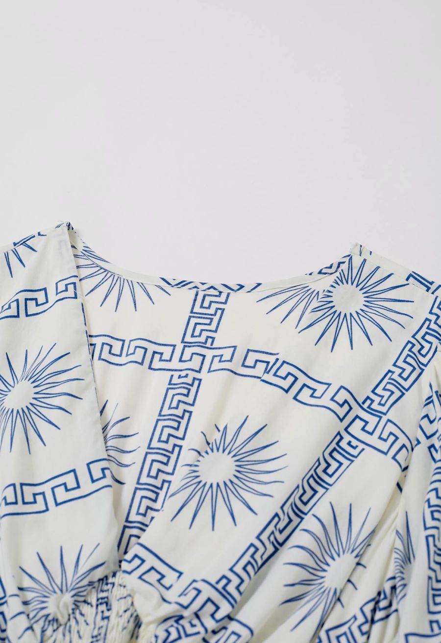 Sun Grid Printed V-Neck Shirred Maxi Dress