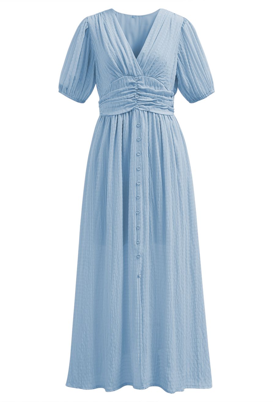 V-Neck Embossed Button Decor Dress in Light Blue