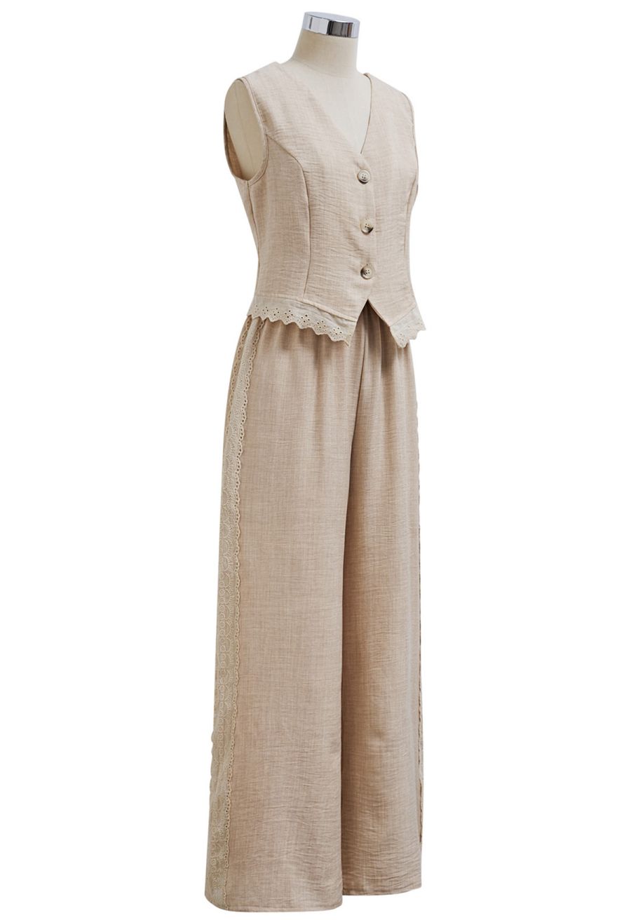 Lace Trim Buttoned Vest and Pants Set in Linen